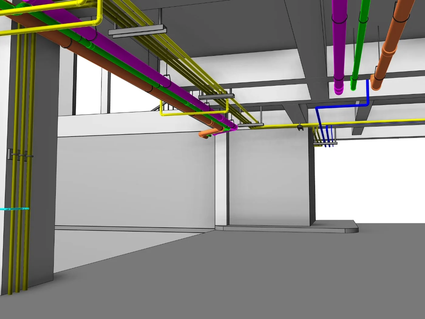 Cable tray and conduit routing modelled under the ceiling