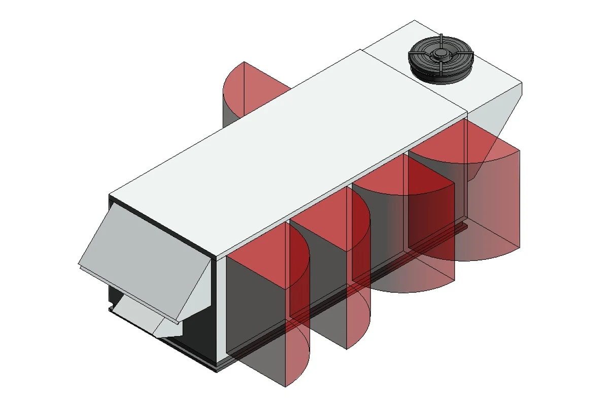 Ducted exhaust hood modelled as a custom Revit family with fan and coverage zones
