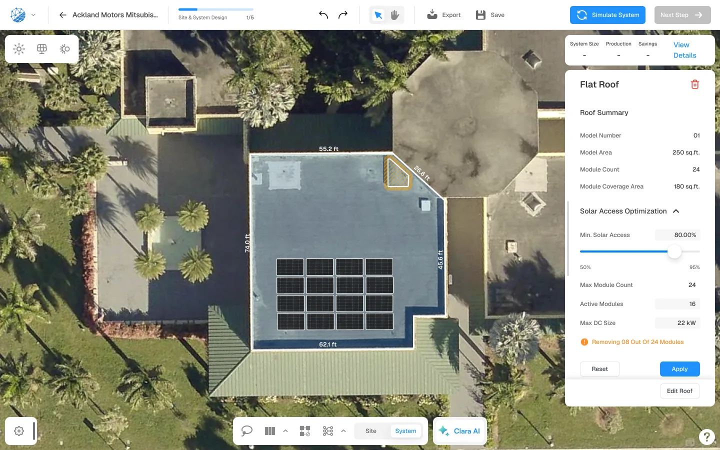 The SurgePV design workspace: a flat commercial roof traced from satellite imagery with 16 modules placed and the Solar Access Optimisation panel open on the right.