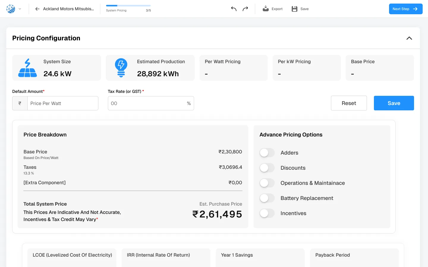 SurgePV pricing configuration screen showing system size, estimated production, a price breakdown with taxes, and LCOE, IRR, first-year savings and payback period fields.