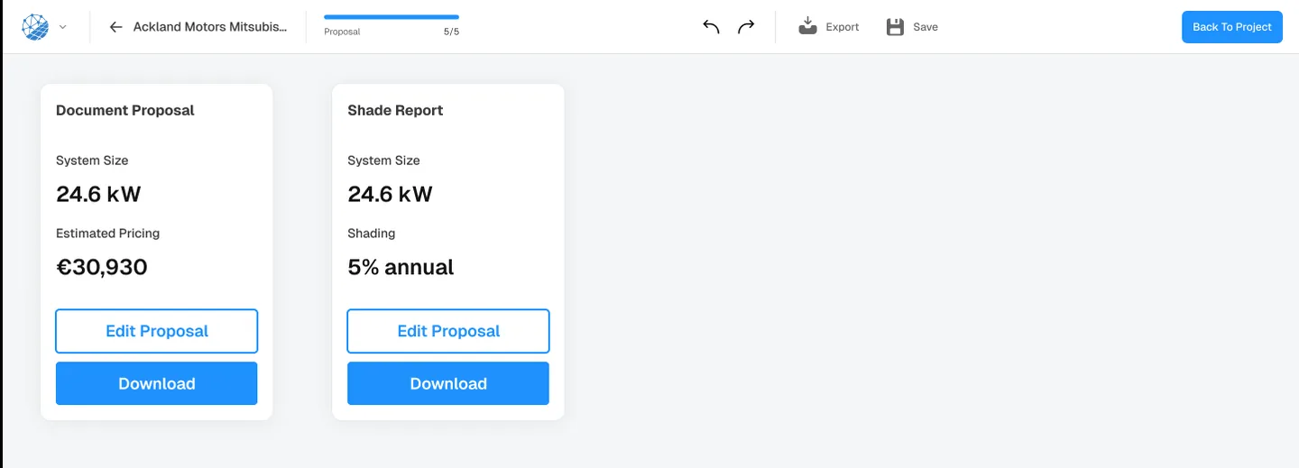 SurgePV proposal step showing a document proposal card and a shade report card, each with system size, headline figure and a download button.