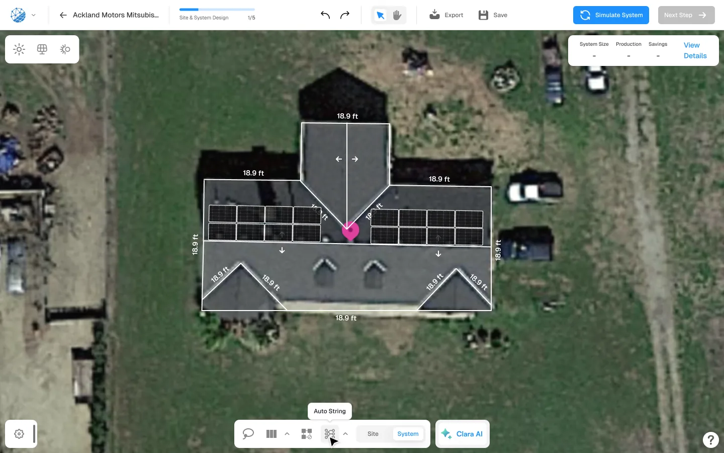 A pitched residential roof in SurgePV, traced into separate roof planes with edge dimensions labelled and two module arrays placed.